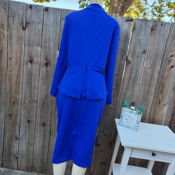 Women's Tie Neck Peplum Waist Long Sleeve Bodycon Business Midi Dress With Bow - Picture 5 of 6